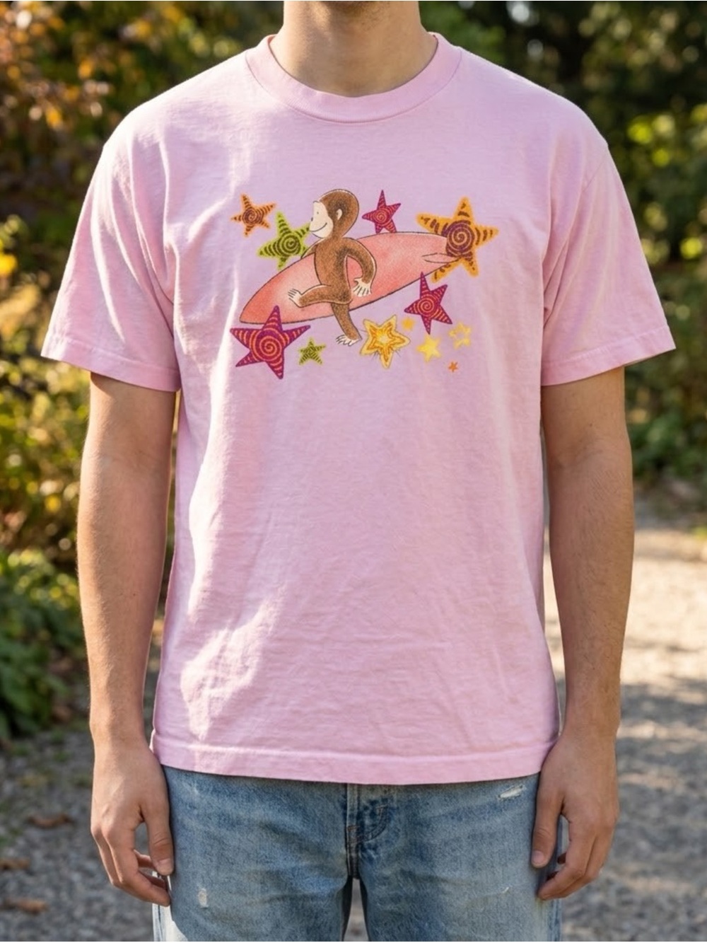 Curious George Surf Light Pink Gildan Graphic T-Shirt